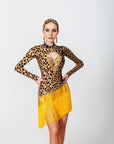 Long - sleeves Crystalline Leopard Print Fringe Latin Dress Latin/Rhythm