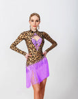 Long - sleeves Crystalline Leopard Print Fringe Latin Dress Latin/Rhythm