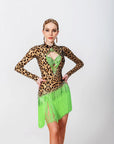 Long - sleeves Crystalline Leopard Print Fringe Latin Dress Latin/Rhythm
