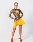 Long - sleeves Crystalline Leopard Print Fringe Latin Dress Latin/Rhythm
