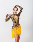 Long - sleeves Crystalline Leopard Print Fringe Latin Dress Latin/Rhythm
