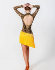 Long - sleeves Crystalline Leopard Print Fringe Latin Dress Latin/Rhythm