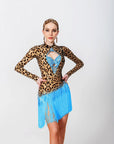 Long - sleeves Crystalline Leopard Print Fringe Latin Dress Latin/Rhythm