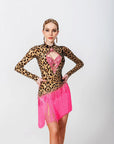 Long - sleeves Crystalline Leopard Print Fringe Latin Dress Latin/Rhythm