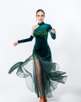 One - sleeve Pleated Skirt Crystalline Smooth Dress Latin/Rhythm