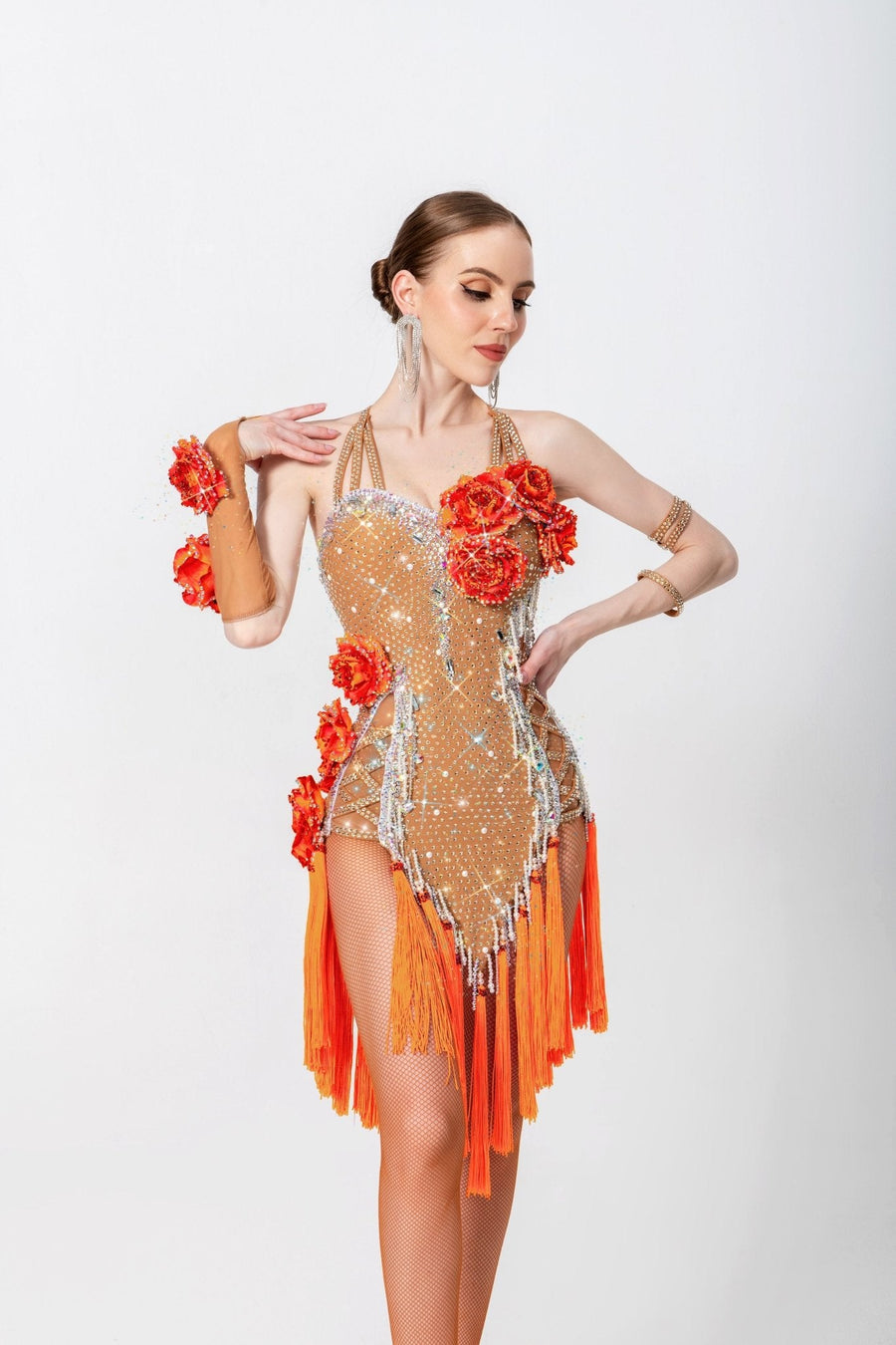 3D Roses Fringe Crystalline Latin Dress Latin/Rhythm # L5540 - Unika Dancewear