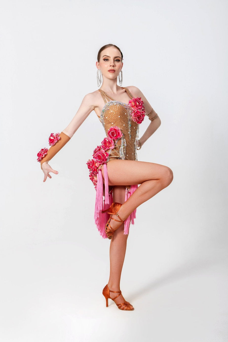 3D Roses Fringe Crystalline Latin Dress Latin/Rhythm # L5540 - Unika Dancewear