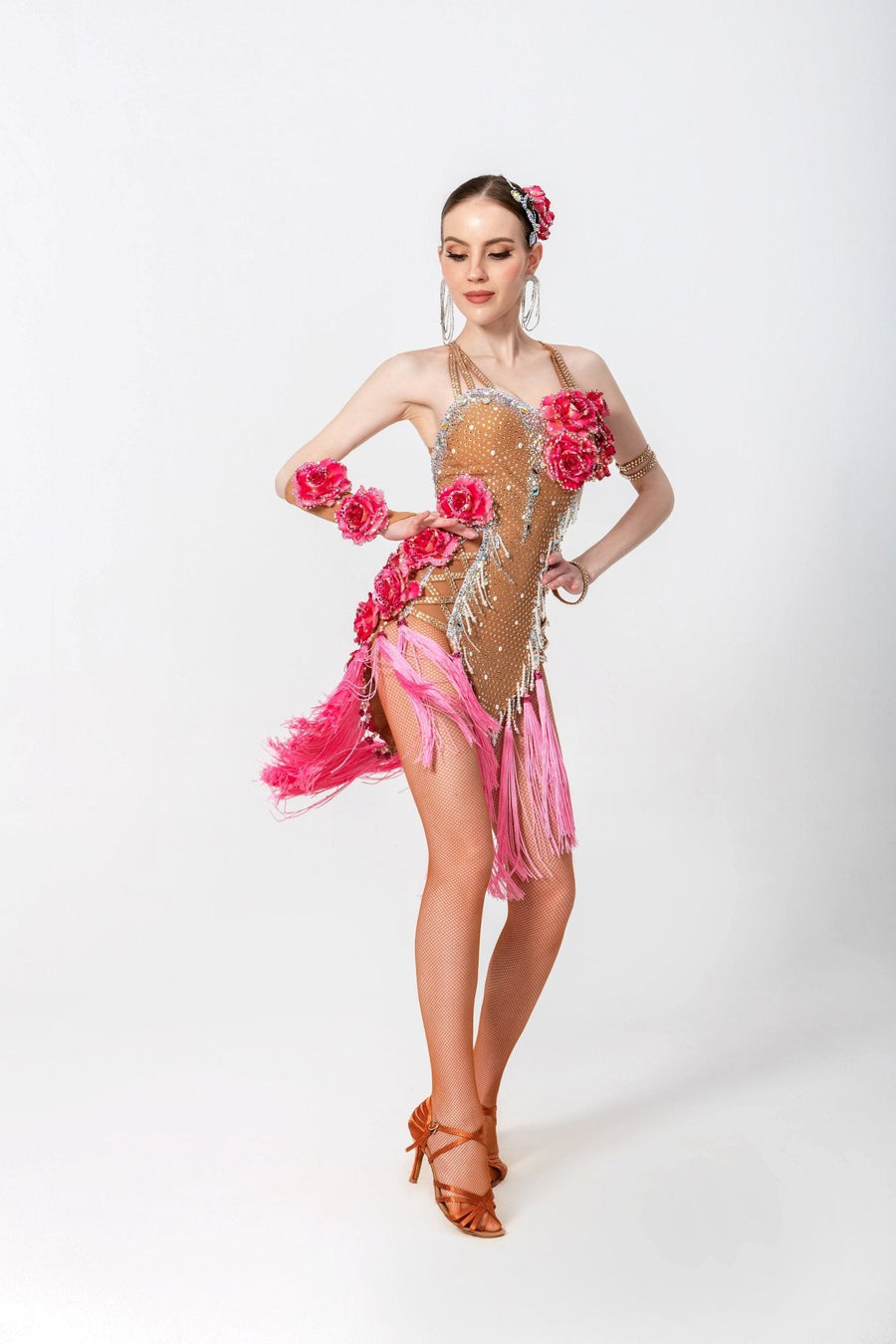 3D Roses Fringe Crystalline Latin Dress Latin/Rhythm # L5540 - Unika Dancewear