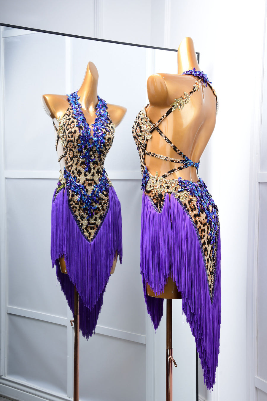 Crystalline Leopard Print Fringe Latin Performance Dress Latin/Rhythm # L5052