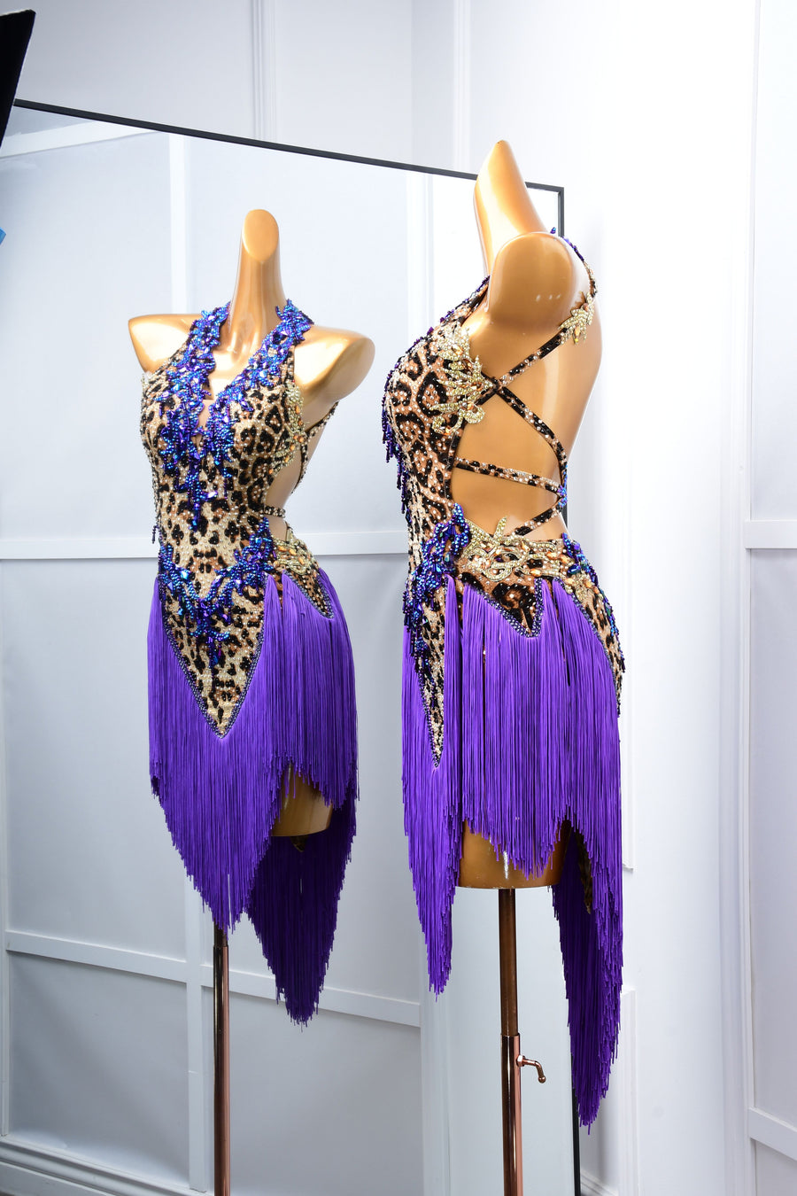 Crystalline Leopard Print Fringe Latin Performance Dress Latin/Rhythm # L5052