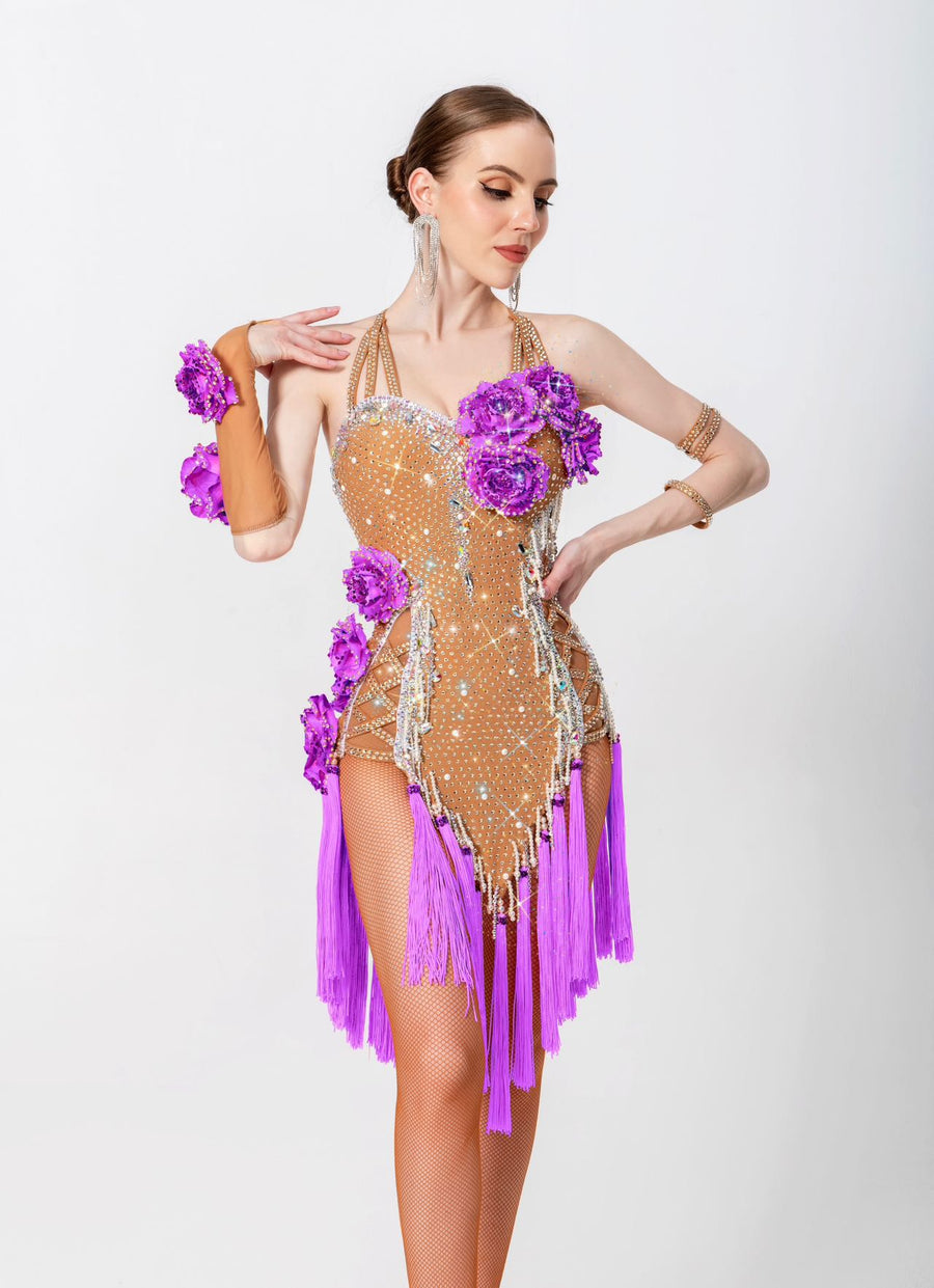 3D Roses Fringe Crystalline Latin Dress Latin/Rhythm # L5540