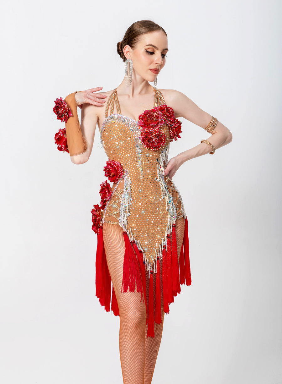 3D Roses Fringe Crystalline Latin Dress Latin/Rhythm # L5540