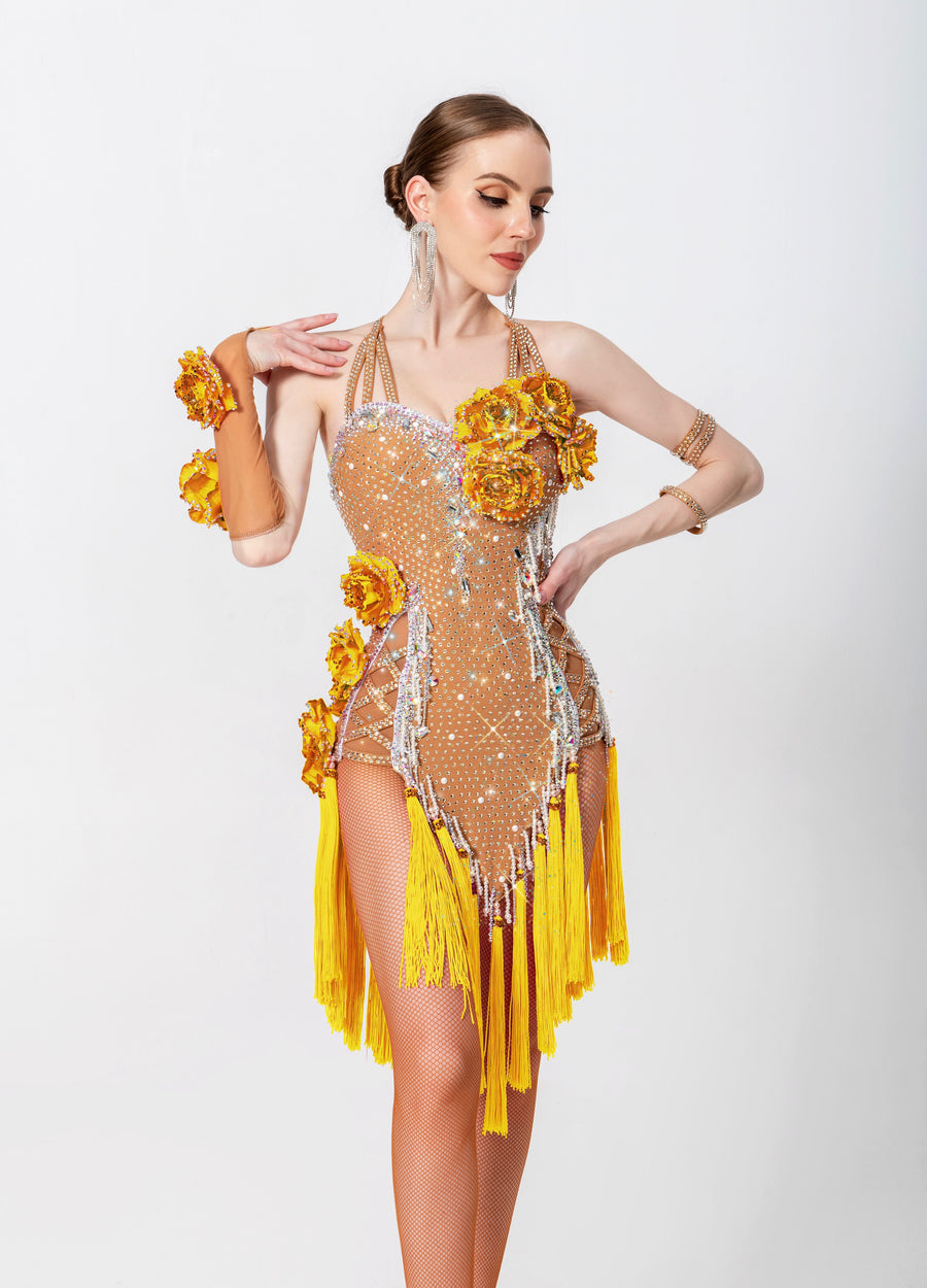 3D Roses Fringe Crystalline Latin Dress Latin/Rhythm # L5540