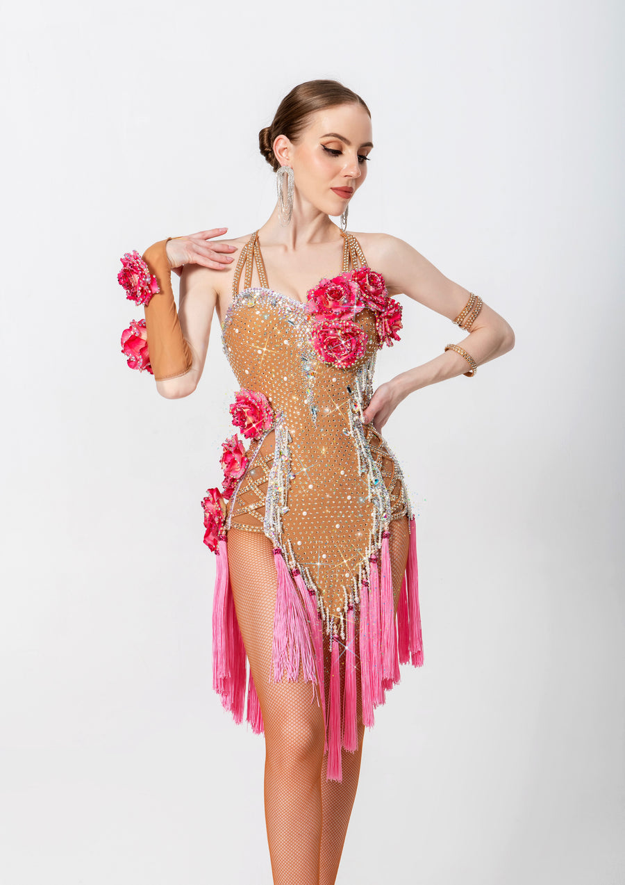 3D Roses Fringe Crystalline Latin Dress Latin/Rhythm # L5540