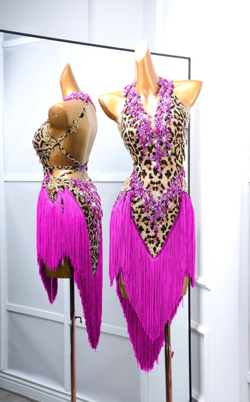 Crystalline Leopard Print Fringe Latin Performance Dress Latin/Rhythm # L5052