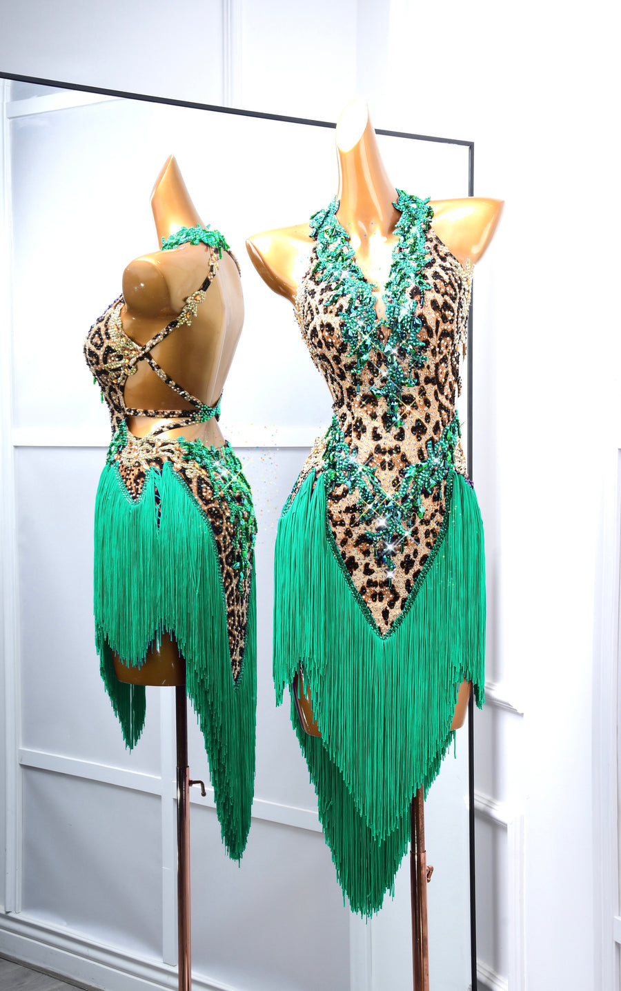 Crystalline Leopard Print Fringe Latin Performance Dress Latin/Rhythm # L5052