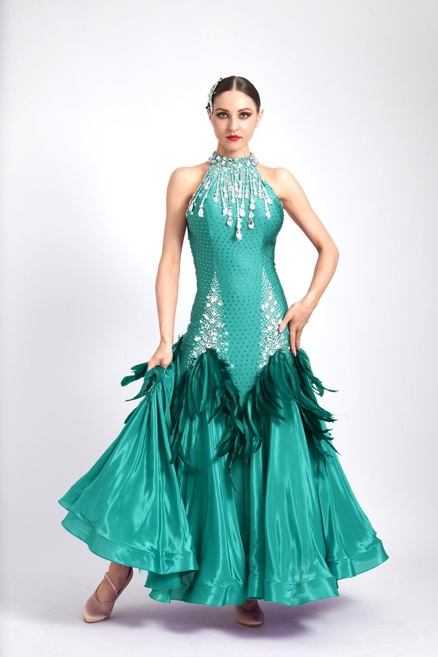 Water Drop Crystal Feather Ballroom  Dress Standard/Smooth # M4152