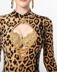 Long-sleeves Crystalline Leopard Print Fringe Latin Dress Latin/Rhythm 