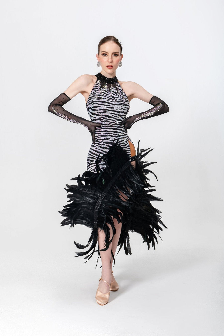 Crystalline Animal Print Feather Latin Dress Latin/Rhythm # L5465 - Unika Dancewear