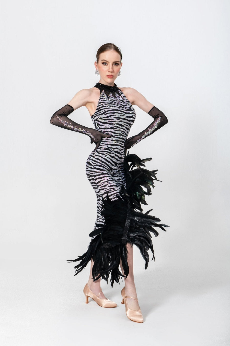 Crystalline Animal Print Feather Latin Dress Latin/Rhythm # L5465 - Unika Dancewear