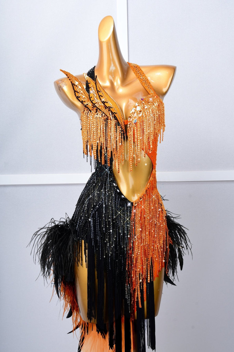 Crystalline Beaded Ostrich Feather Latin Dress Latin/Rhythm # L5054 - Unika Dancewear