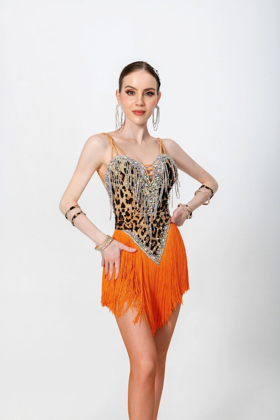 Crystalline Leopard Print Fringe Latin Dress Latin/Rhythm # L5006 - Unika Dancewear