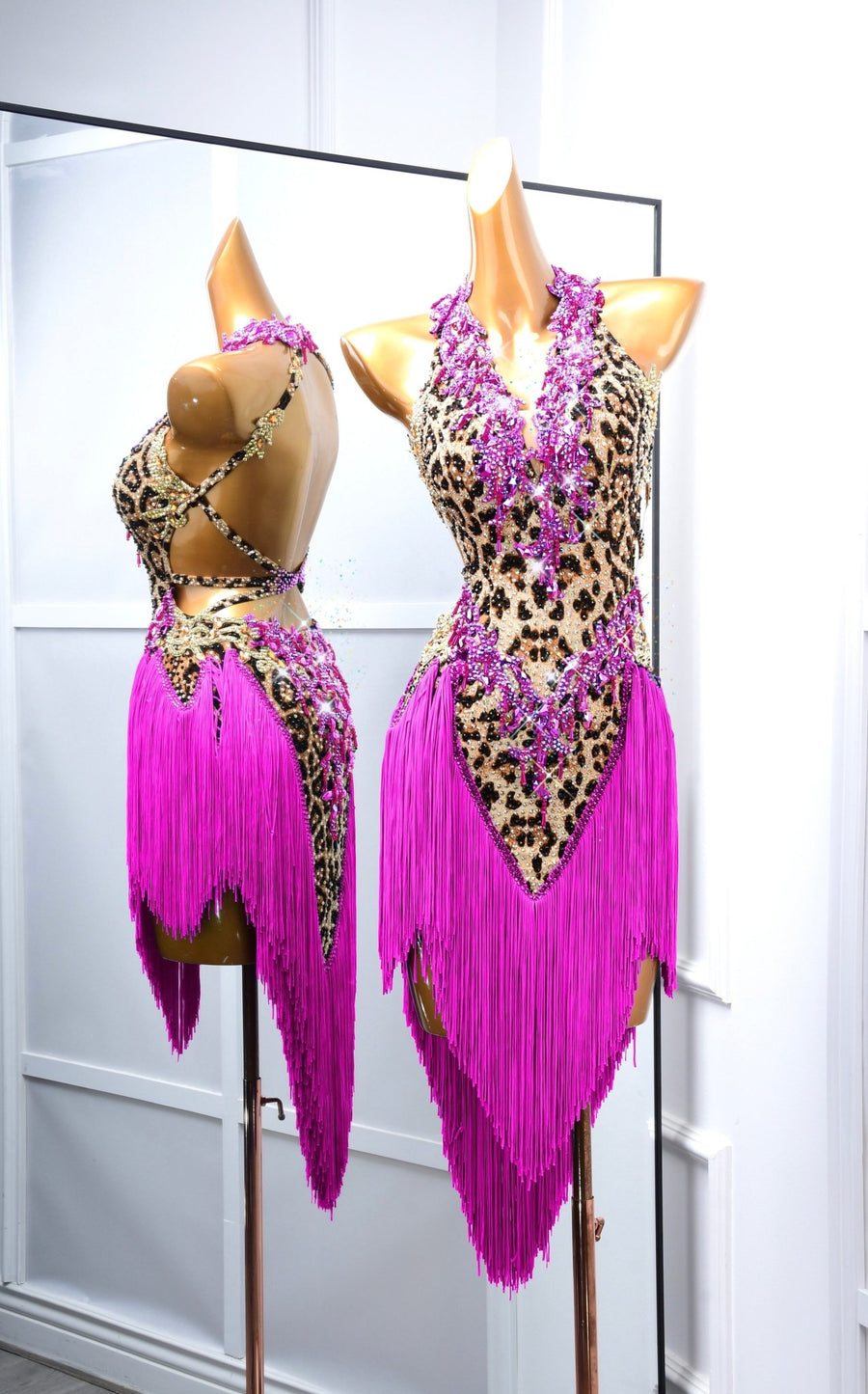 Crystalline Leopard Print Fringe Latin Performance Dress Latin/Rhythm # L5052 - Unika Dancewear