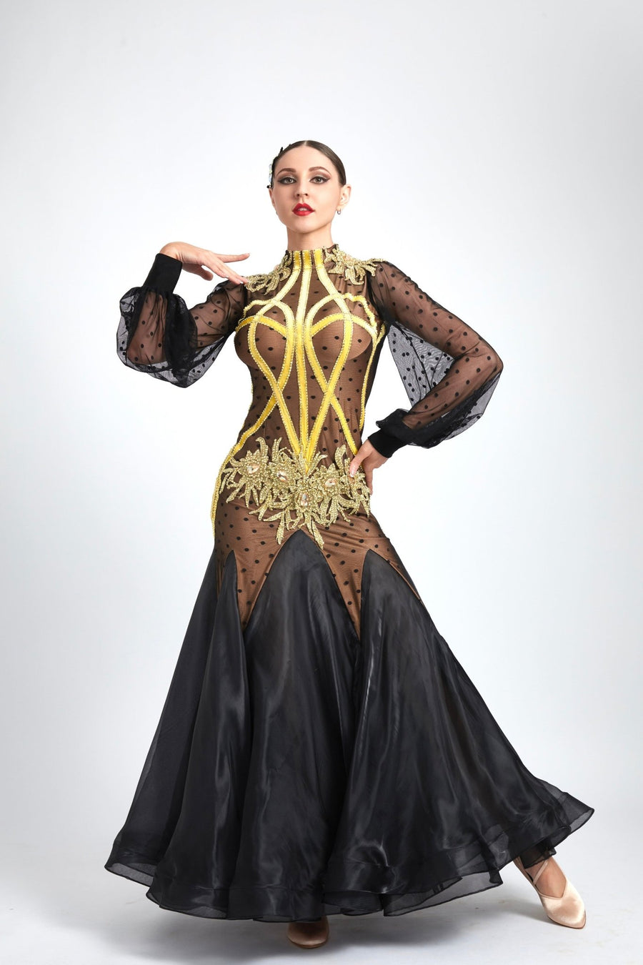 Long Puffy Sleeves Crystalline Ballroom Dress Standard/Smooth # M3987 - Unika Dancewear