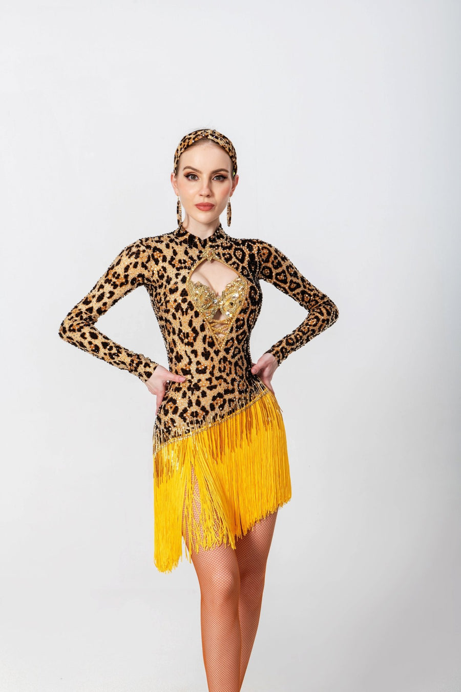 Long - sleeves Crystalline Leopard Print Fringe Latin Dress Latin/Rhythm # L5566 - Unika Dancewear