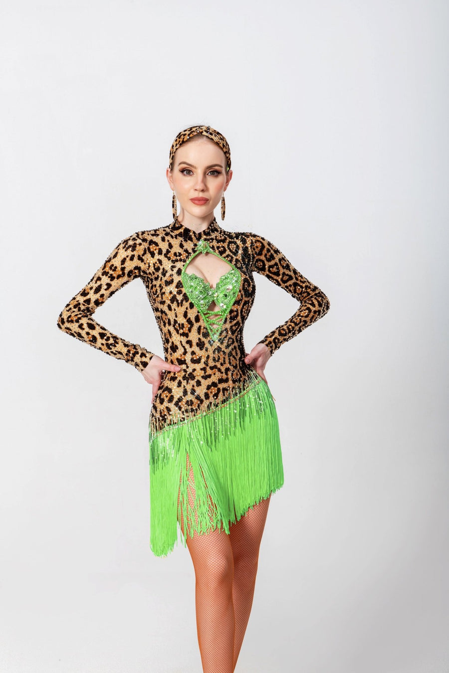 Long - sleeves Crystalline Leopard Print Fringe Latin Dress Latin/Rhythm # L5566 - Unika Dancewear