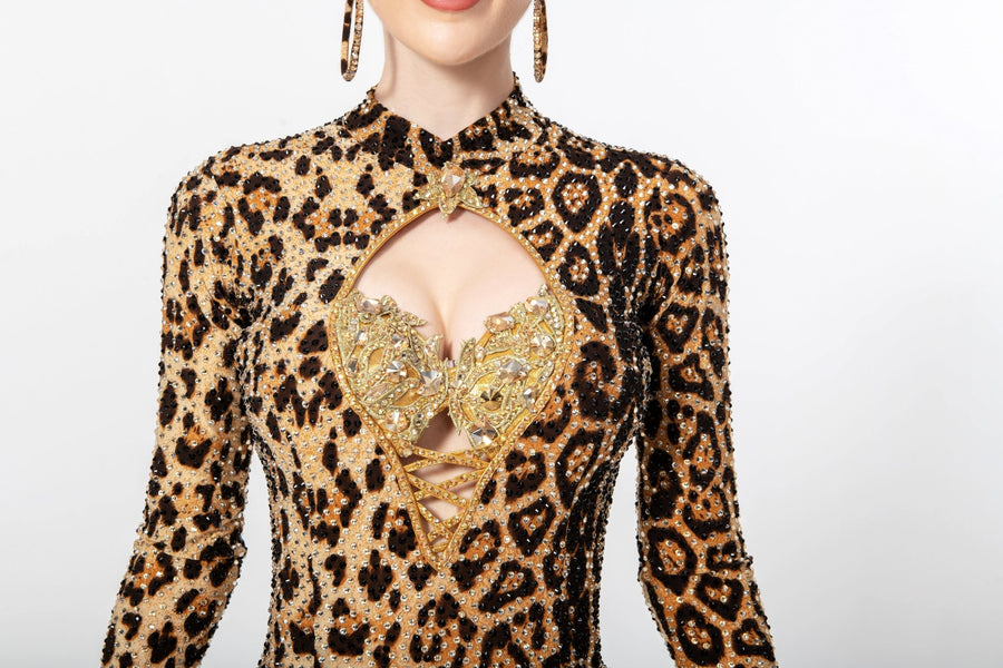 Long - sleeves Crystalline Leopard Print Fringe Latin Dress Latin/Rhythm # L5566 - Unika Dancewear