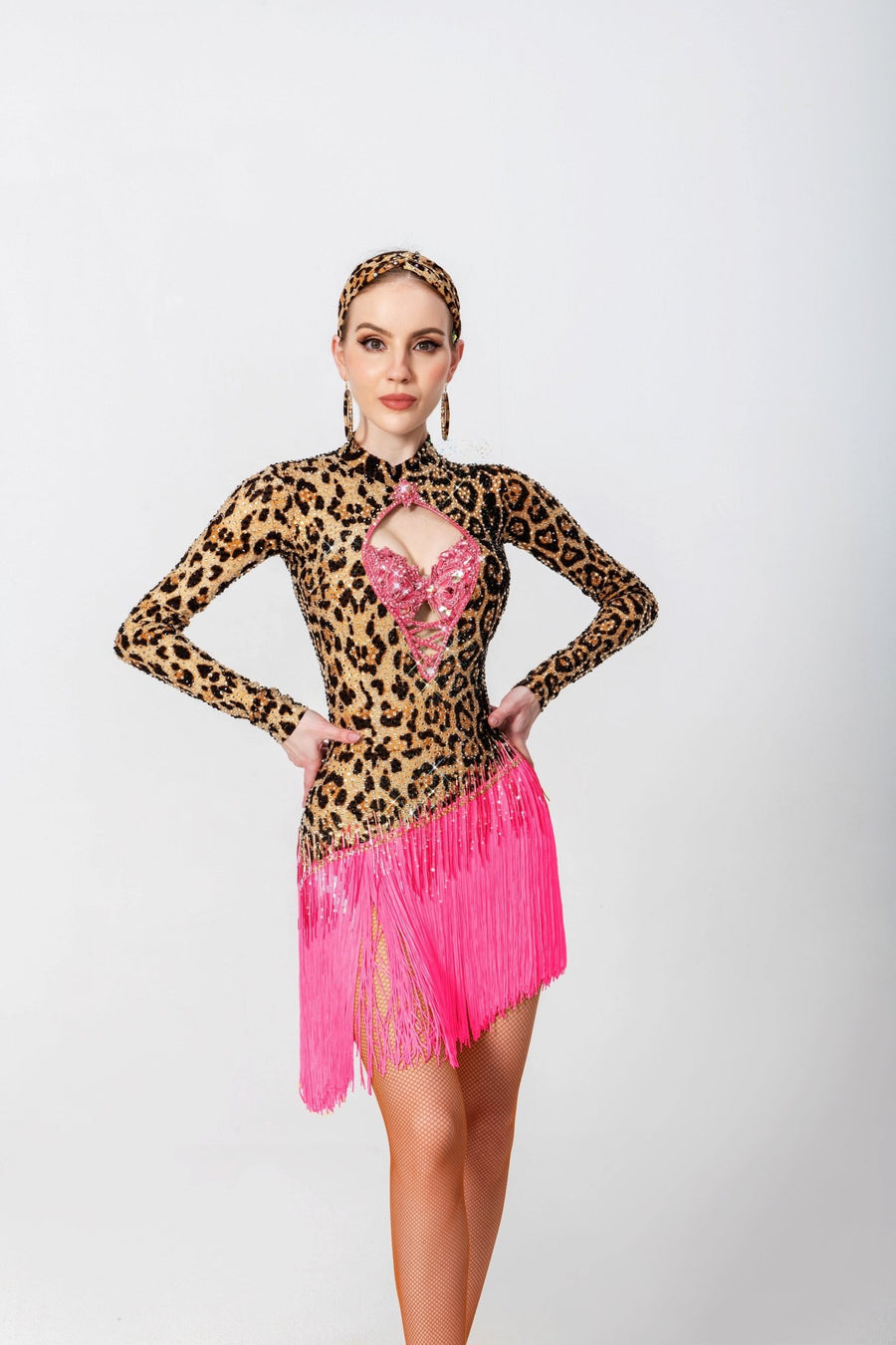 Long - sleeves Crystalline Leopard Print Fringe Latin Dress Latin/Rhythm # L5566 - Unika Dancewear