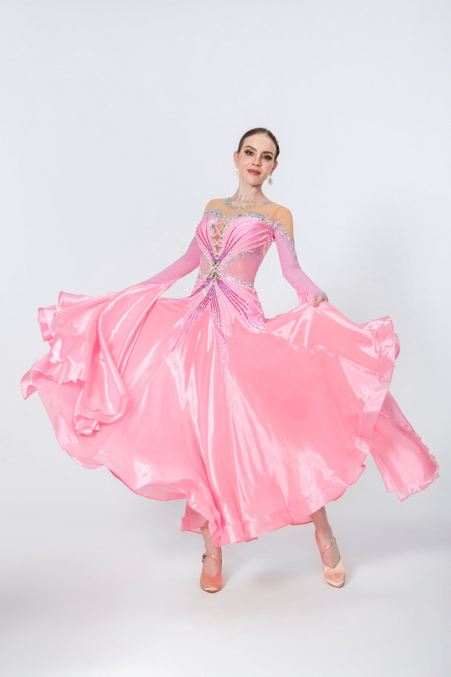 Long - sleeves Crystalline Pearl Ballroom Dress Standard/Smooth # M4723 - Unika Dancewear