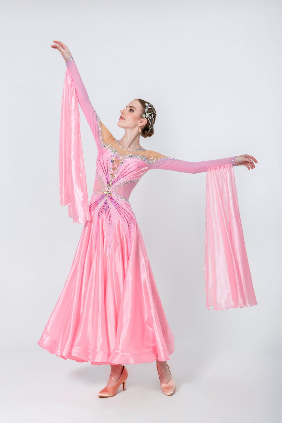 Long - sleeves Crystalline Pearl Ballroom Dress Standard/Smooth # M4723 - Unika Dancewear