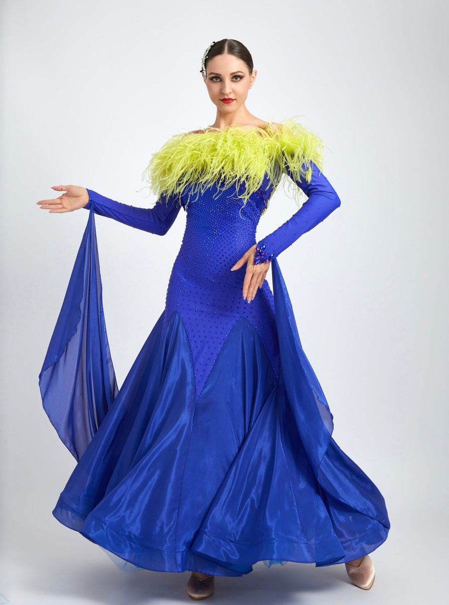 Ostrich Feather Top crystallized Ballroom Dress Standard/Smooth # M4715 - Unika Dancewear