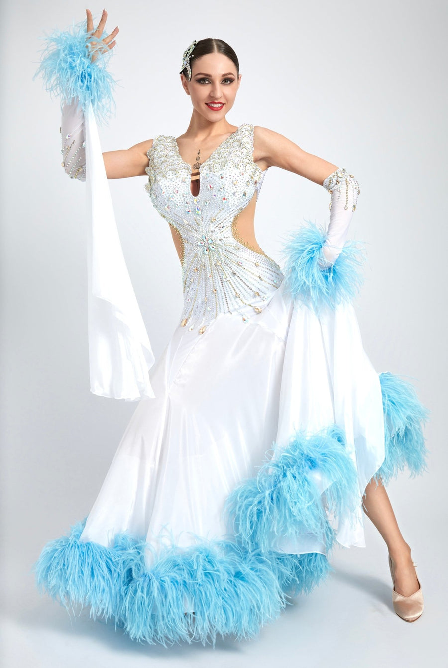 Ostrich Feathers crystallized Ballroom Dress Standard/Smooth # M4207 - Unika Dancewear