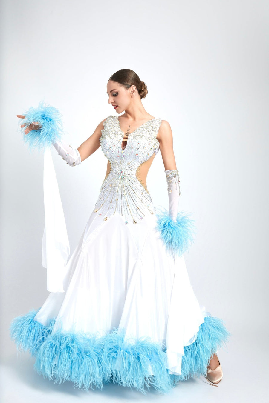 Ostrich Feathers crystallized Ballroom Dress Standard/Smooth # M4207 - Unika Dancewear