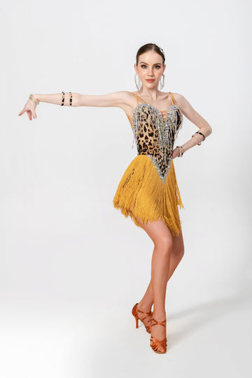 Crystalline Leopard Print Fringe Latin Dress Latin/Rhythm # L5006